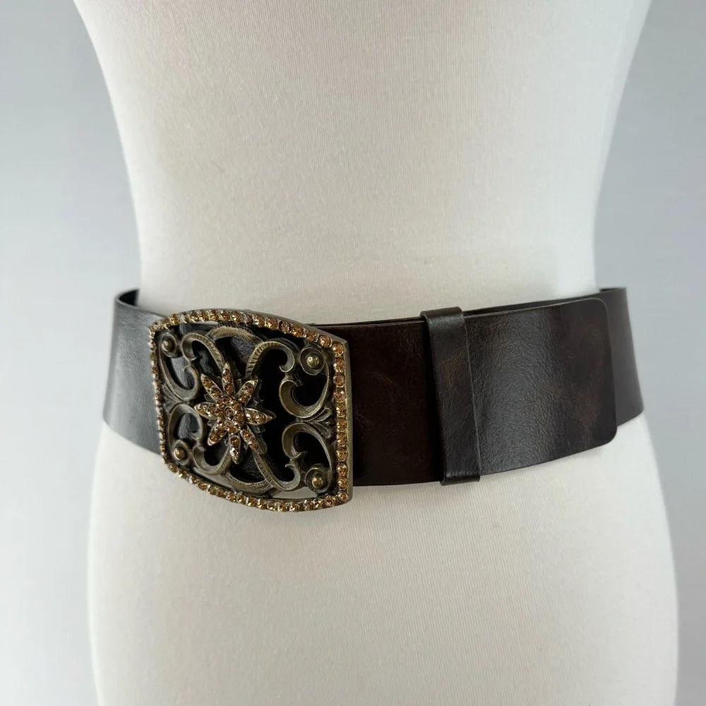 Stunning Brown Leather Wide Belt with Rhinestone Embellished Bronze Buckle